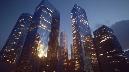 Obraz premium Evening Metropolis Skyscrapers Glowing Cityscape Urban Architecture Night City Towers Buildings