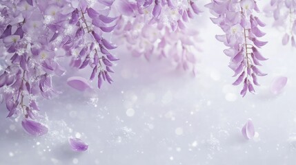 Obraz premium Delicate purple wisteria blossoms and petals on a soft, light background.
