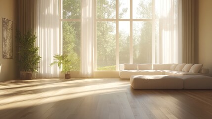 Fototapeta premium Sunlit modern living room with large window, hardwood floors, and lush green background, ideal for home design