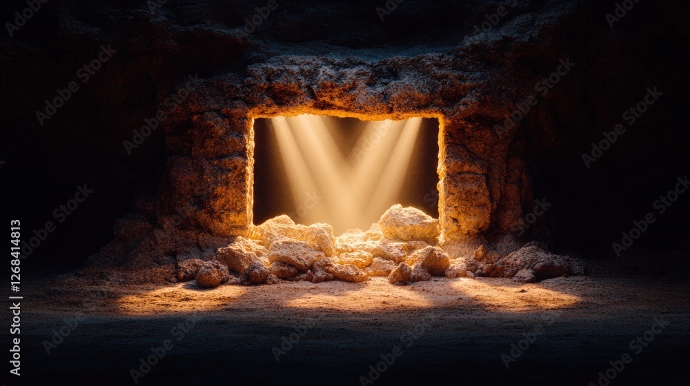 Poster light beams filtering through a doorway into a dark cave with soft illumination and shadows