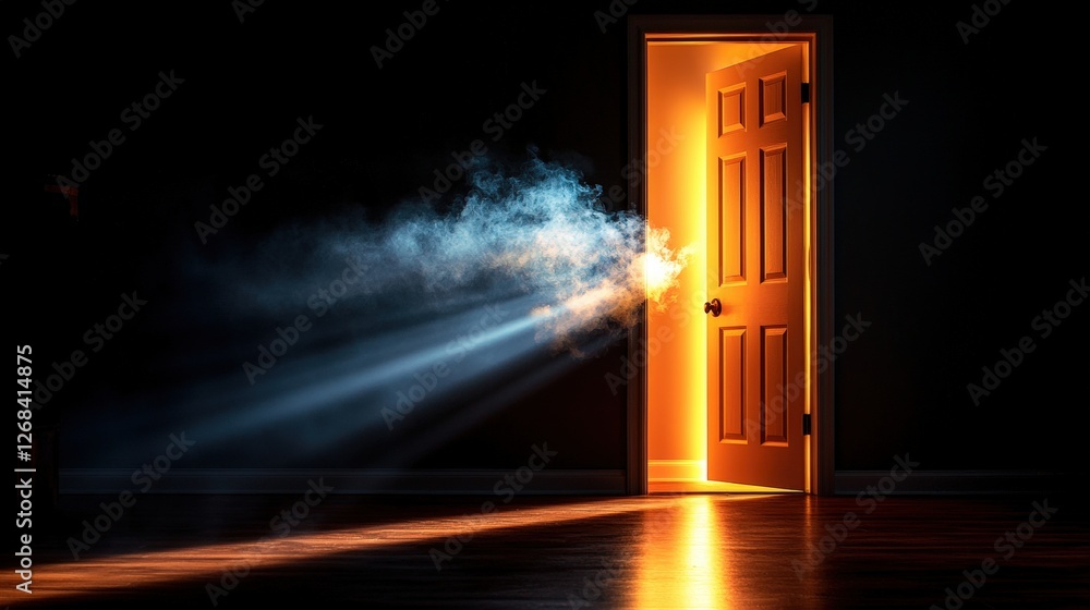 Poster light beams filtering through an open doorway into a dark room creating a mysterious atmosphere