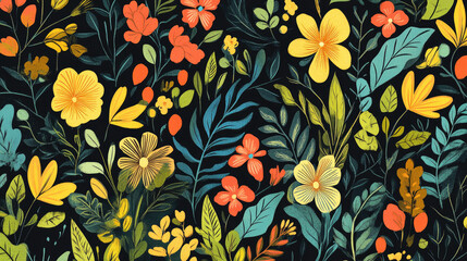 A vibrant floral pattern featuring various flowers and leaves on a dark background.