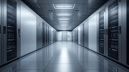 A long corridor of rows of servers in a data center, symbolizing the vast scale and power of cloud computing technology, highlighting the modern infrastructure supporting digital services