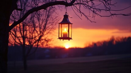 Fototapeta premium Lantern hanging from a tree branch at sunset.