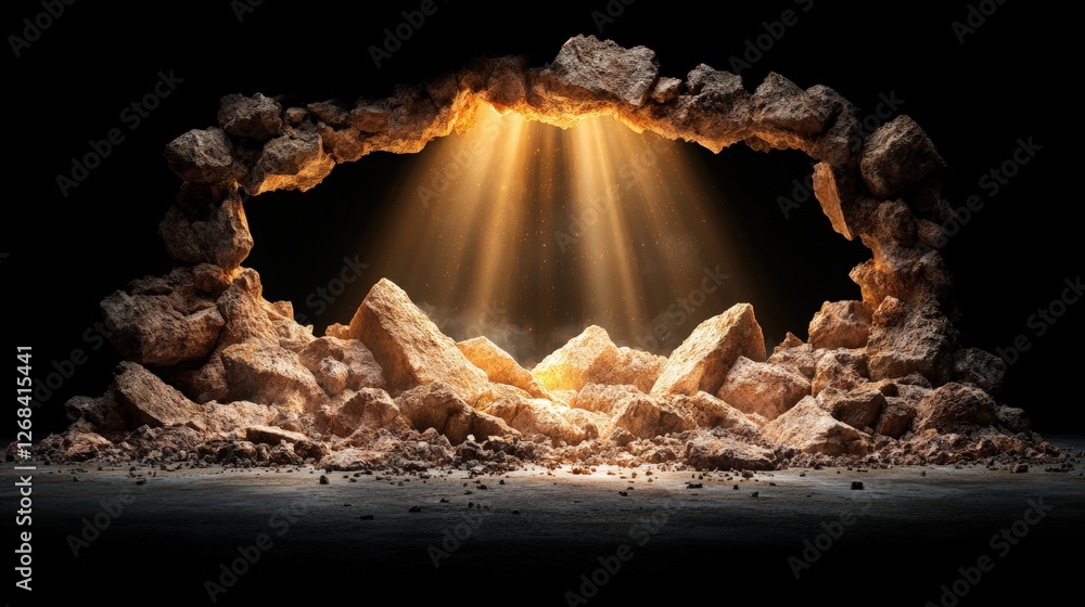 Poster light entering a dark cave through an open doorway creating a mysterious atmosphere