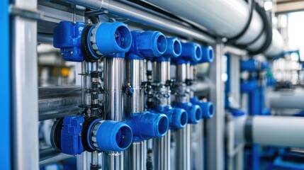 Industrial water treatment plant pipes closeup, valves, factory background