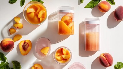 Peach smoothie, yogurt, and fruit slices arranged on white background.