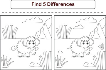 Funny cartoon mammoth. Find 5 differences. Kids Education games. Cartoon vector illustration