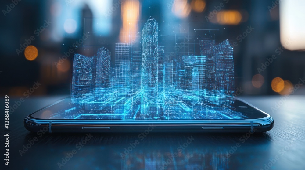 Aufkleber a smartphone displaying augmented reality features, blending real-world and digital elements. stock 