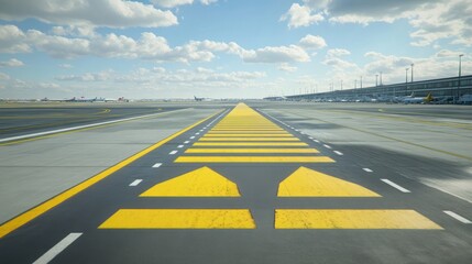 Fototapeta premium Airport Runway Perspective: Yellow Markings on a Sunny Day at an International Airport