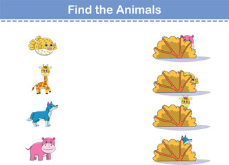 Find Hiding Animals. Child Exercise Sheet with wild animals. Printable worksheet. Cartoon vector illustration
