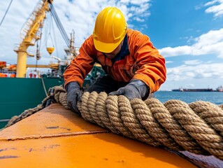 Maritime worker secures rope on ship deck port city photography sunny day close-up industry safety