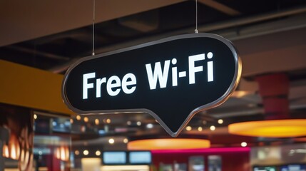 Fototapeta premium Free Wi-Fi sign hangs in cafe; blurred background shows interior & lighting