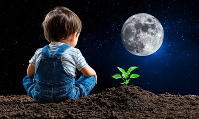 Child gazing at the moon garden photography night sky rear view imagination and growth