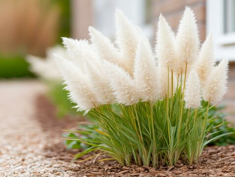 Serene nature photography close-up of blooming pampas grass in outdoor garden - Powered by Adobe