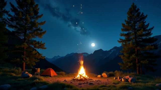 Serene camping scene in the mountains with a starry night sky. Seamless looping 4K time-lapse animation capturing nature's tranquility.