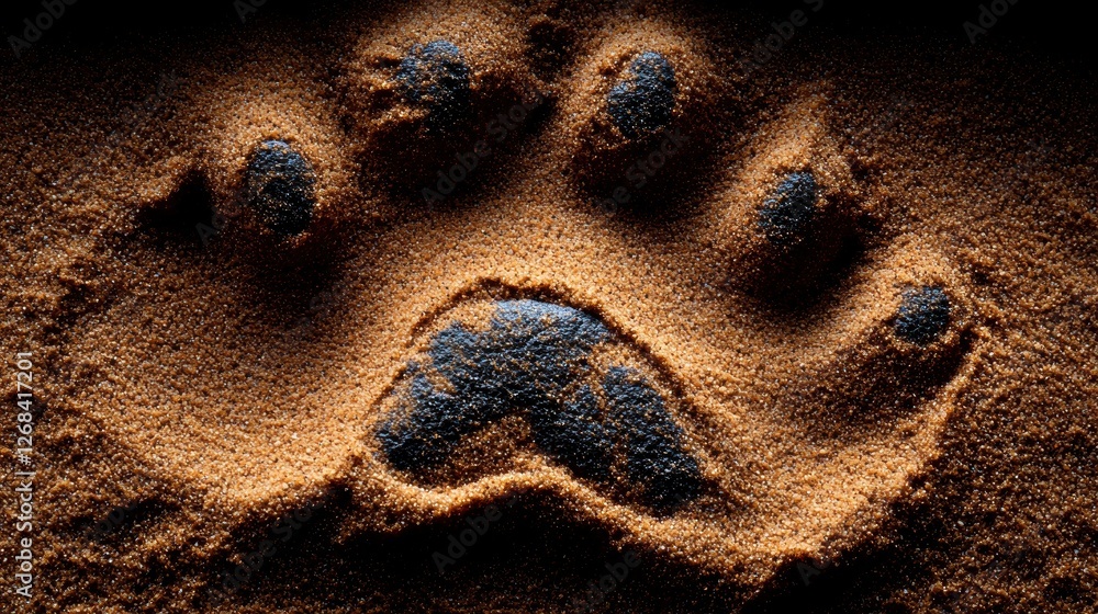 Poster a close-up of a paw print in sand, highlighting its shape and texture.