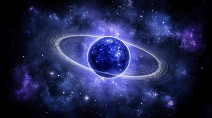 Obraz premium Luminous Blue Exoplanet with Rings Amidst Nebula Starfield Galactic Majesty and Cosmos Wonder
