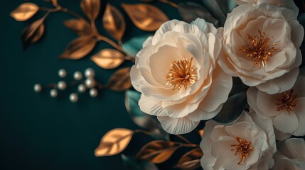 Elegant cream roses gold leaves dark background greeting card