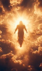 Obraz premium Ethereal silhouette ascending through radiant clouds, bathed in divine golden light