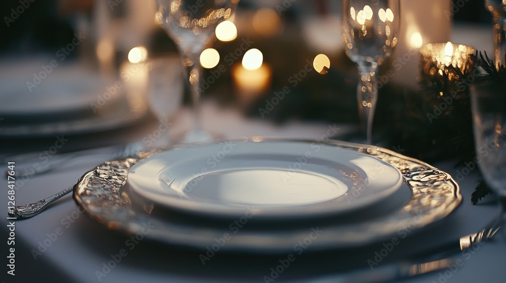 Poster Elegant table setting with fine dining elements at a cozy evening gathering in a beautifully decorated space. Generative AI