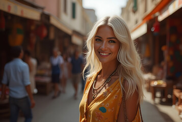 Obraz premium Digital Storyteller - Global Travel Vlogger: a vibrant scene of a modern explorer capturing diverse cultural narratives, a Caucasian non-binary individual, fair skin and long, wavy platinum hair