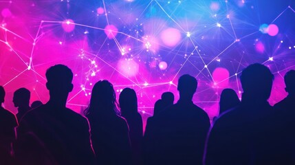Obraz premium Silhouetted crowd gazing at vibrant network display