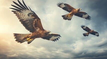 Obraz premium Majestic hawks soaring amidst dramatic sky, freedom concept