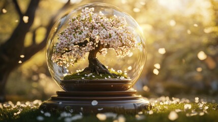 Miniature blossoming tree in glass dome.