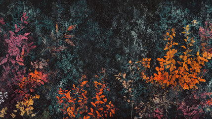 A vibrant illustration of foliage in various colors against a dark background.
