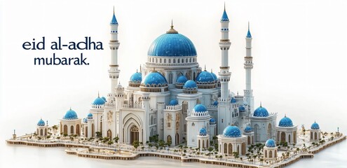 Naklejka premium Stylized 3D illustration of a vibrant mosque for Eid al-Adha, featuring calligraphy and rich architectural details, perfect for social media posts and festive greetings.