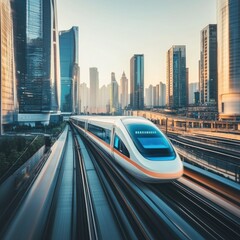 High-speed train speeds through modern city at dawn; urban transportation