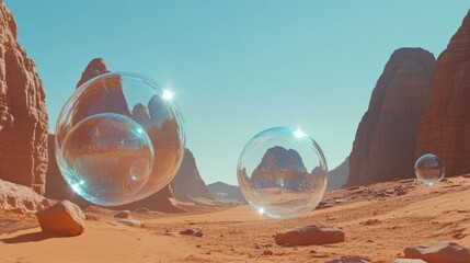 Desert landscape with floating transparent spheres reflecting rock formations