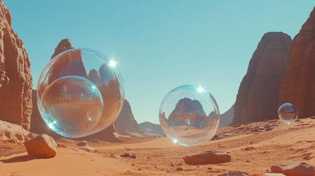 Desert landscape with floating transparent spheres reflecting rock formations
