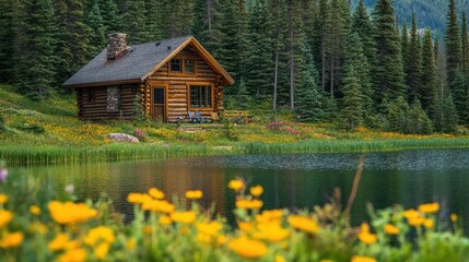 Fototapeta premium Secluded Log Cabin by a Serene Mountain Lake