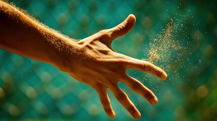 Man's hand releasing sand, outdoor, sunlit, blurred background
