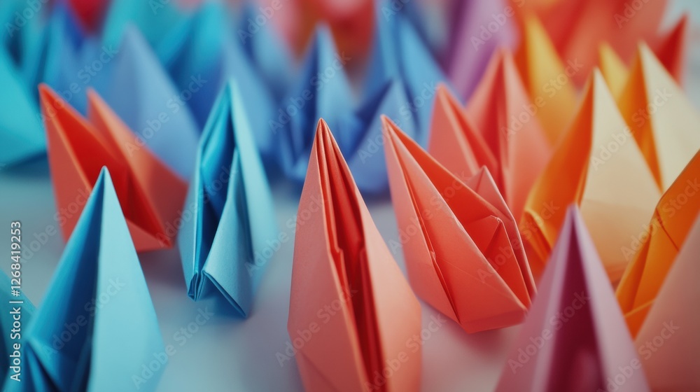 Leinwandbilder group of paper planes flying in one direction with one individual pointing the opposite way, symboli