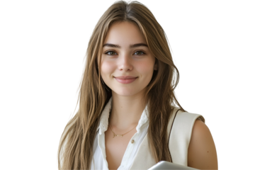 25 years old smiling european woman, long straight hair, wearing cream colored vest, holding open laptop, isolated on white background 