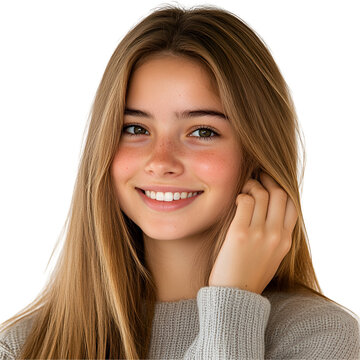20 year old young girl smiling, one hand stroking her long straight hair, isolated on white background