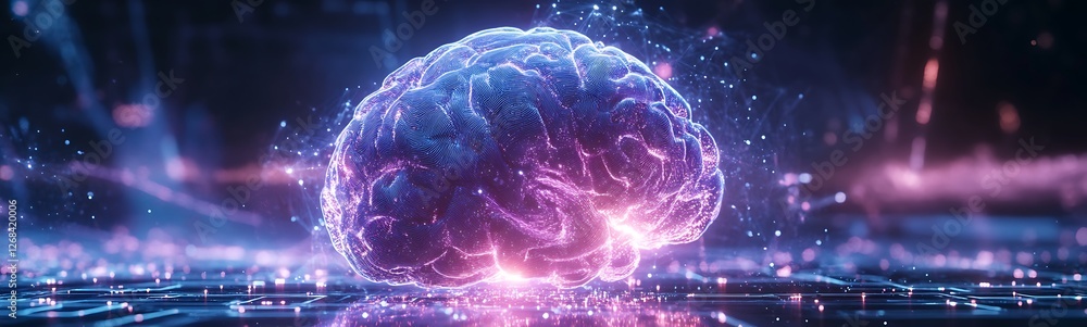 Poster a glowing, intricate ai brain illustration emphasizing technology and creativity in a captivating de