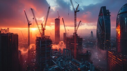 Cityscape construction at sunset with cranes.