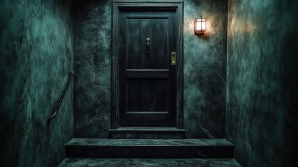 Dark room with a mysterious doorway illuminated by light and featuring a marble texture on the walls