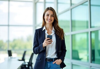 Obraz premium Professional Businesswoman in Corporate Office with Glass Windows and Natural Light Wearing Navy Blue Blazer White Blouse and Jeans Holding Smartphone