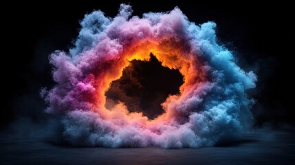 Colorful explosion of smoke and fire with a mysterious dimensional doorway in a surreal landscape