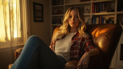 Fototapeta premium Woman relaxing in armchair, sunset light, home library background