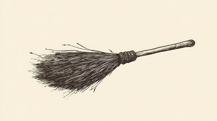 Broom, vintage illustration of a broom, in a simple and clean line art style, on a beige background, with a cottagecore aesthetic. Void-Touched Sorcerers. Illustration