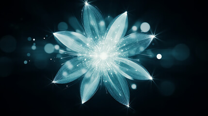 Luminous Teal Floral Burst Against Dark Backdrop of Bokeh Illuminations and Sparkling Highlights