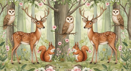 Whimsical forest scene with deer, squirrels, and owls surrounded by flowers