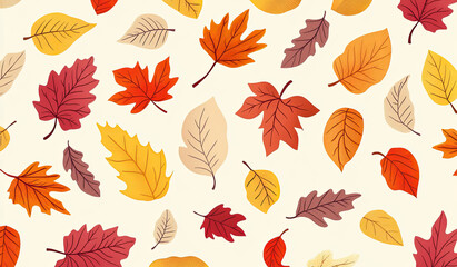 Fototapeta premium A vibrant pattern of autumn leaves in various colors on a light background.