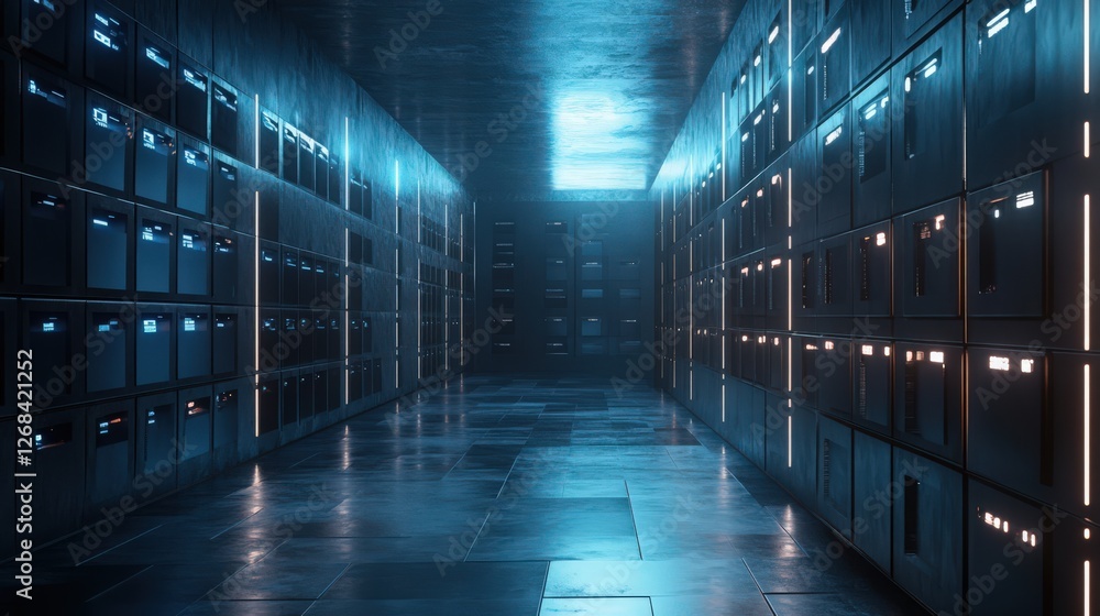 Poster futuristic server room: data center infrastructure in cyberpunk style